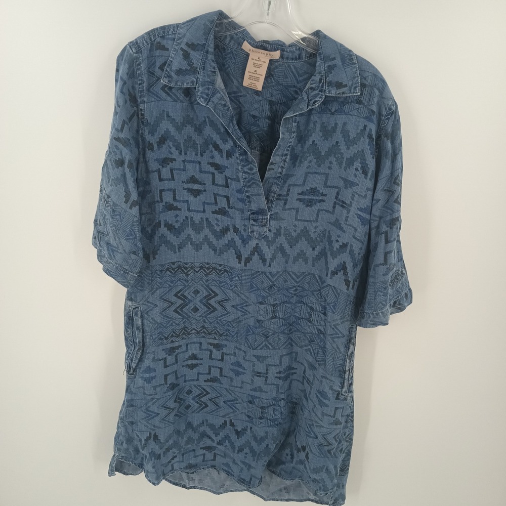 Philosophy Republic Clothing Blue Aztec Tencel Tunic Roll Tab Sleeve XL